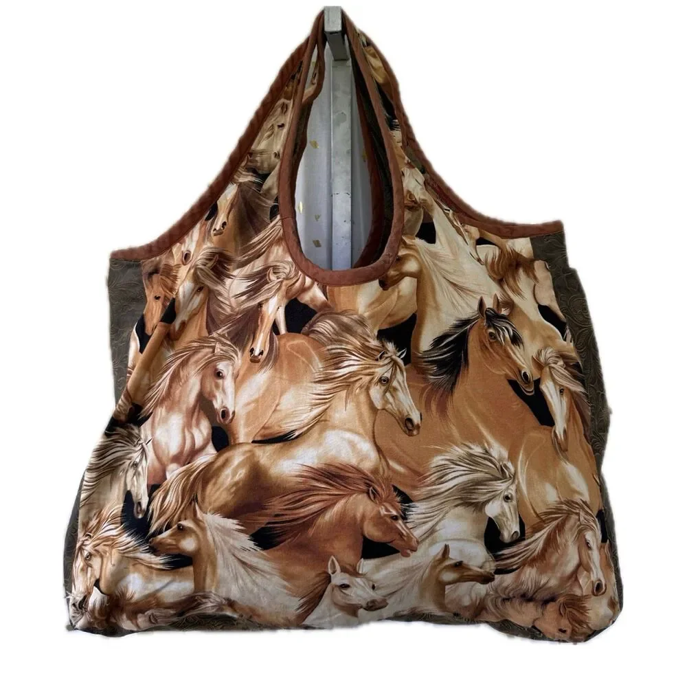 Unbranded Reversable Horses Stallion Tapestry Embroidered Mix Media Hobo Bag